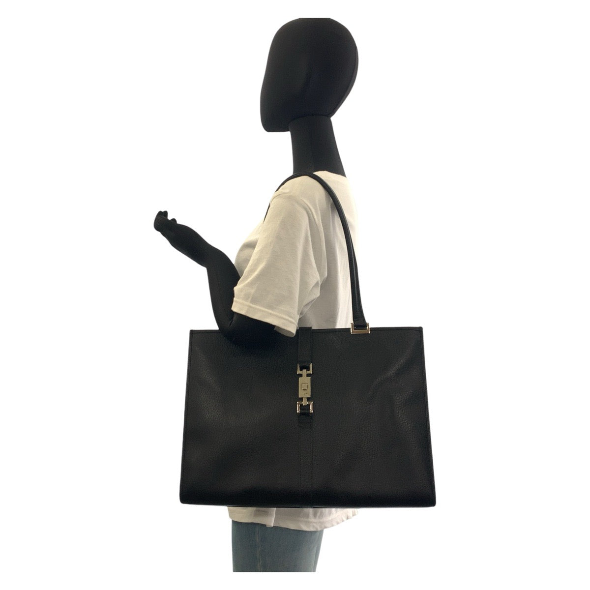 GUCCI Tote Bag 002 1074 leather Black SilverMetal Tote Bag Shoulder Bag Jackie Women Used Authentic