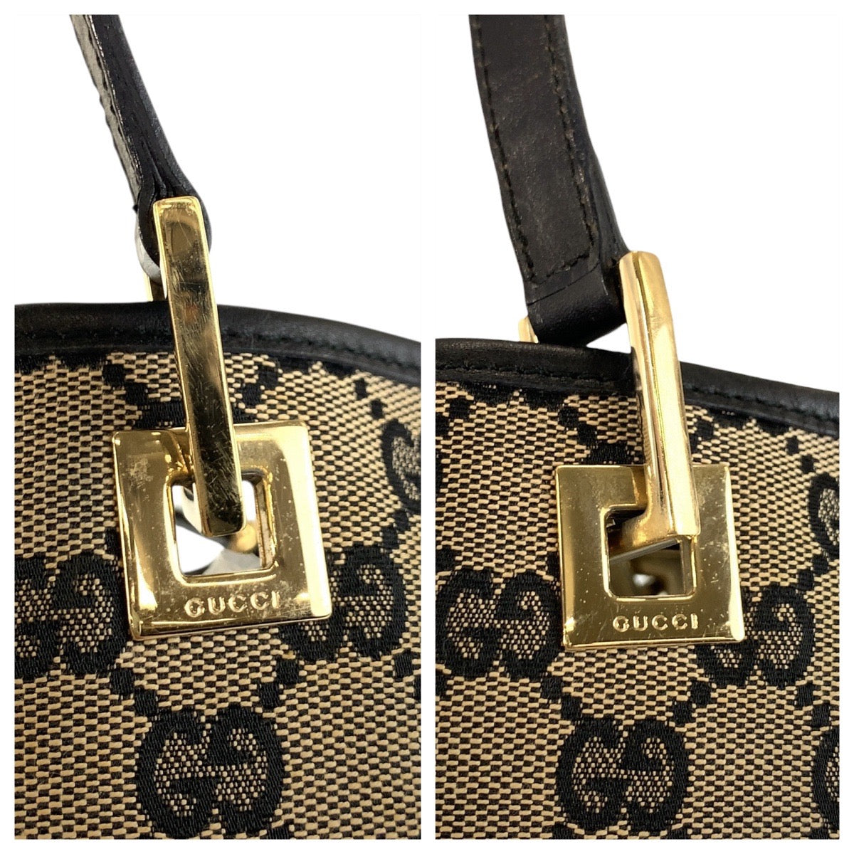 GUCCI Tote Bag 002 1098 GG canvas, leather Beige Black Gold Metal Tote Bag Shoulder Bag Women Used Authentic