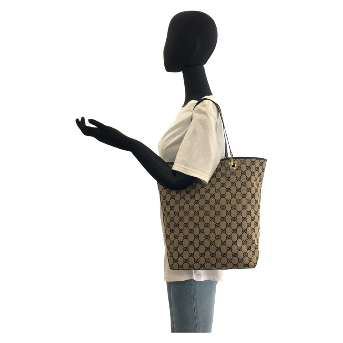 GUCCI Tote Bag 002 1098 GG canvas, leather Beige Black Gold Metal Tote Bag Shoulder Bag Women Used Authentic