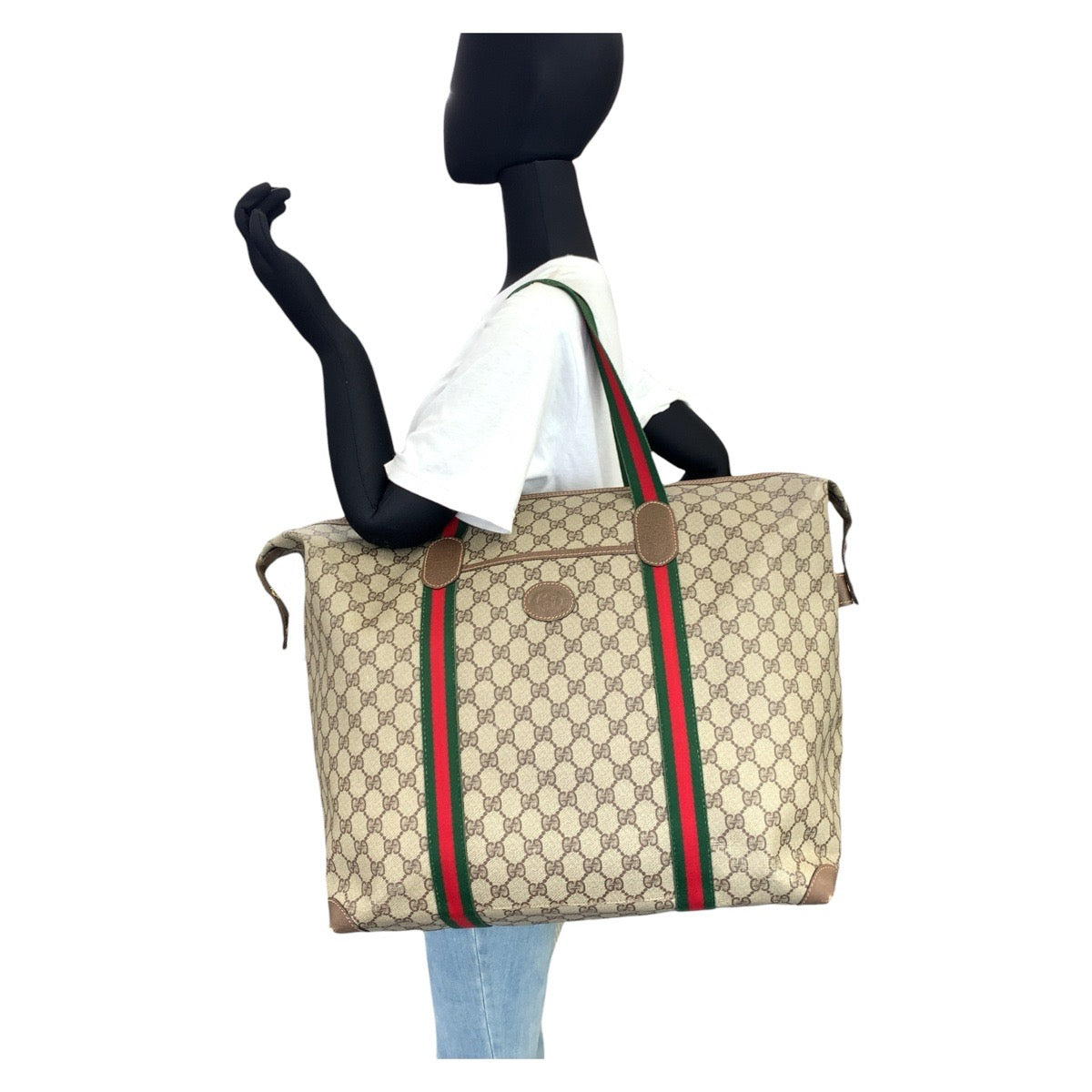 GUCCI Tote Bag 002 39 6 GG Supreme Canvas Beige Brown Gold Metal Old Gucci Shelly Line