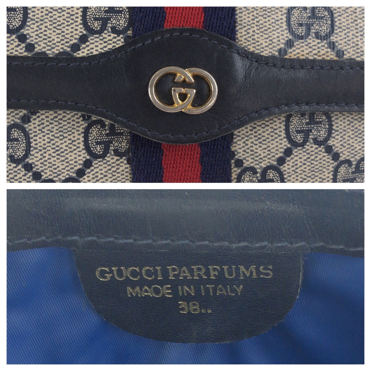 GUCCI Clutch bag GG Supreme Canvas Navy Gray Gold Metal Old Gucci Shelly Line