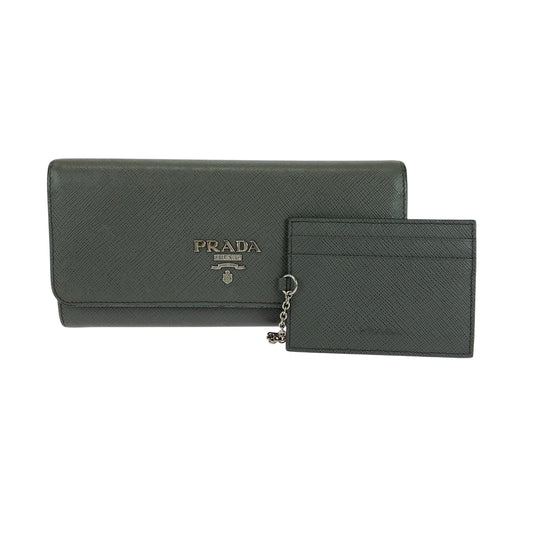 PRADA Long Wallet Purse 1MH132 leather Grey SilverMetal Long Wallet Purse with pass case Safiano logo Women Used Authentic
