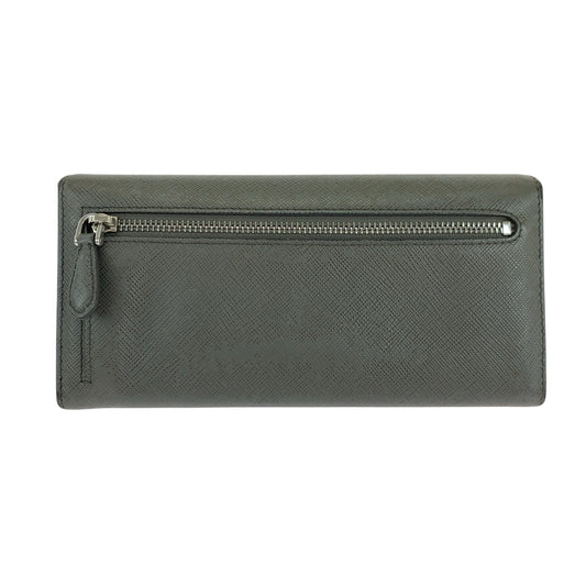 PRADA Long Wallet Purse 1MH132 leather Grey SilverMetal Long Wallet Purse with pass case Safiano logo Women Used Authentic