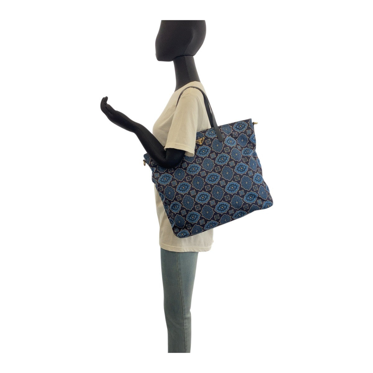 PRADA Tote Bag Nylon Blue Navy Gold Metal Test Triangle With logo
