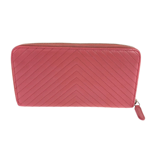 CHANEL Long Wallet Purse Caviar skin Pink Gold Metal Long Wallet Purse Zip Around V Chevron Vstitch COCO Mark Women Used Authentic