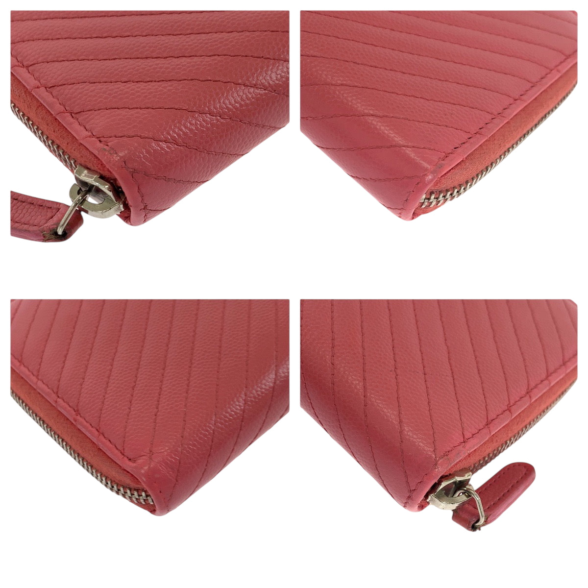 CHANEL Long Wallet Purse Caviar skin Pink Gold Metal Long Wallet Purse Zip Around V Chevron Vstitch COCO Mark Women Used Authentic