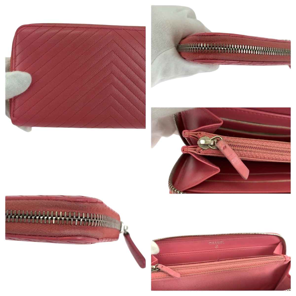 CHANEL Long Wallet Purse Caviar skin Pink Gold Metal Long Wallet Purse Zip Around V Chevron Vstitch COCO Mark Women Used Authentic