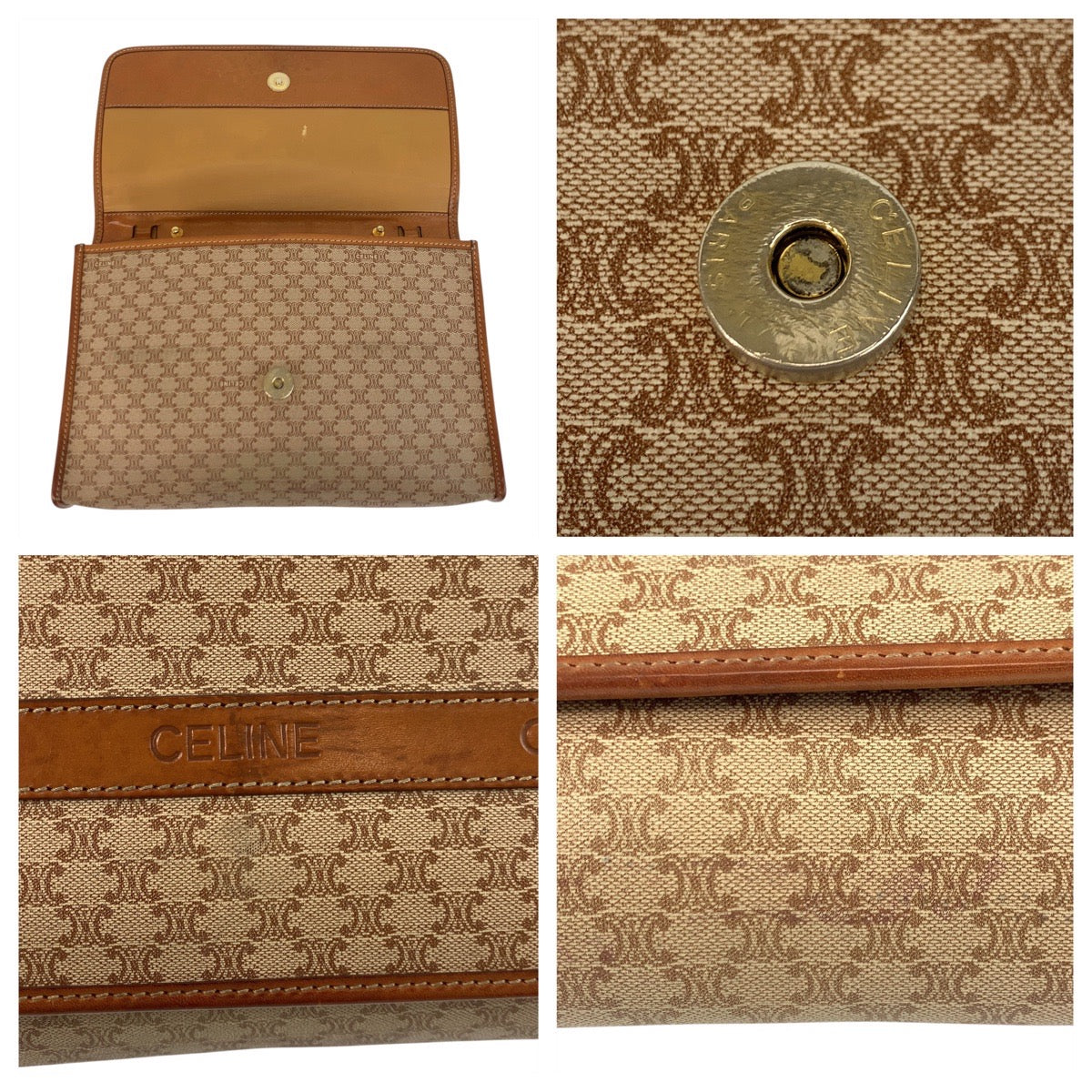 CELINE Clutch bag M08 PVC, Leather Brown Gold Metal Clutch bag business bag Macadam Women Used Authentic