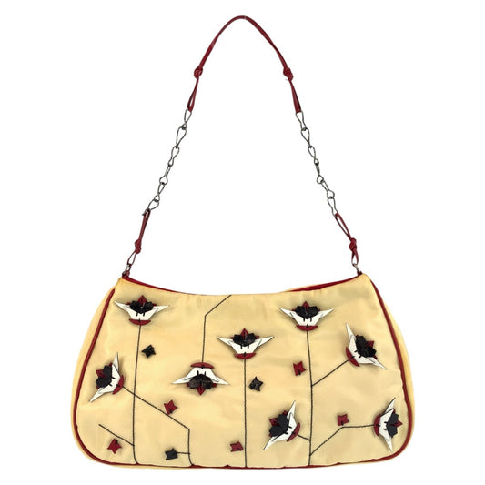 PRADA Shoulder Bag Nylon, Leather Beige Red SilverMetal Shoulder Bag accessory pouch Triangle With logo Women Used Authentic