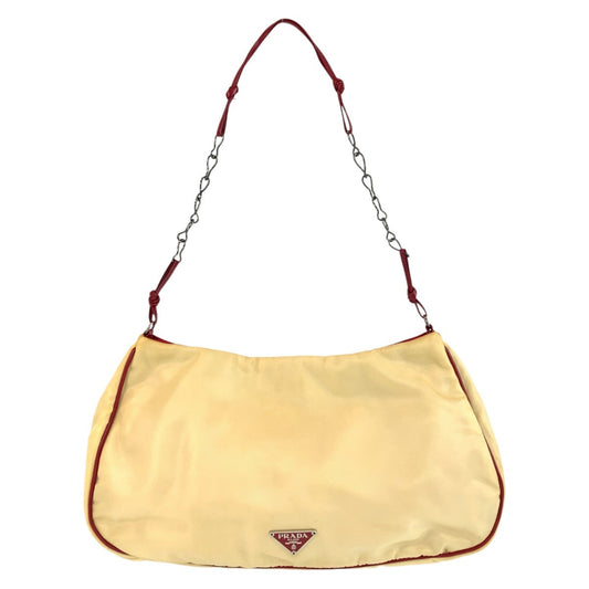 PRADA Shoulder Bag Nylon, Leather Beige Red SilverMetal Shoulder Bag accessory pouch Triangle With logo Women Used Authentic