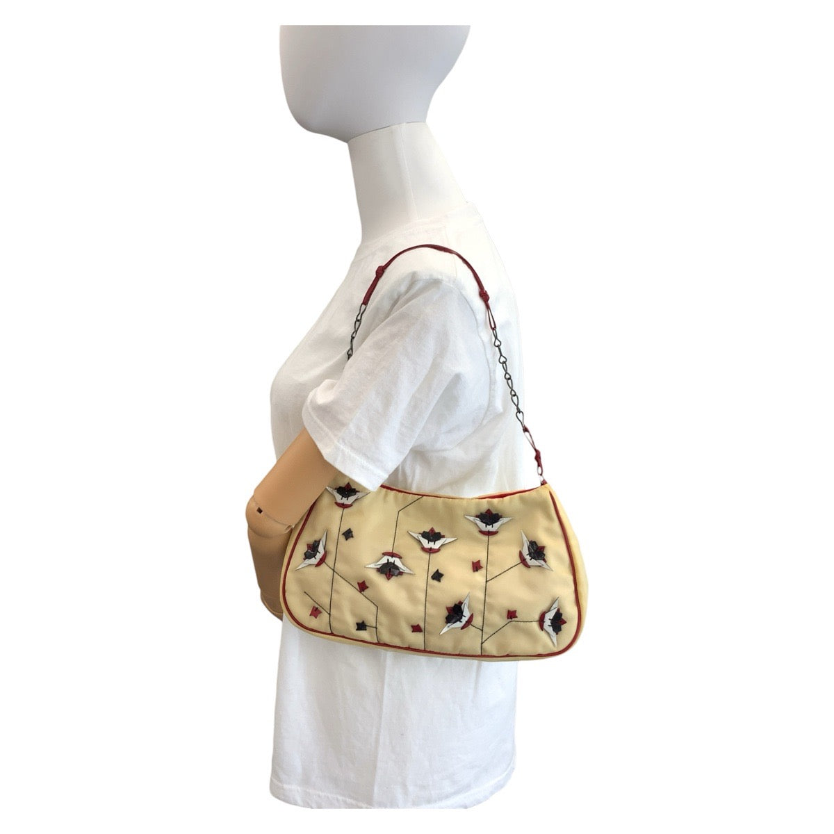 PRADA Shoulder Bag Nylon, Leather Beige Red SilverMetal Shoulder Bag accessory pouch Triangle With logo Women Used Authentic
