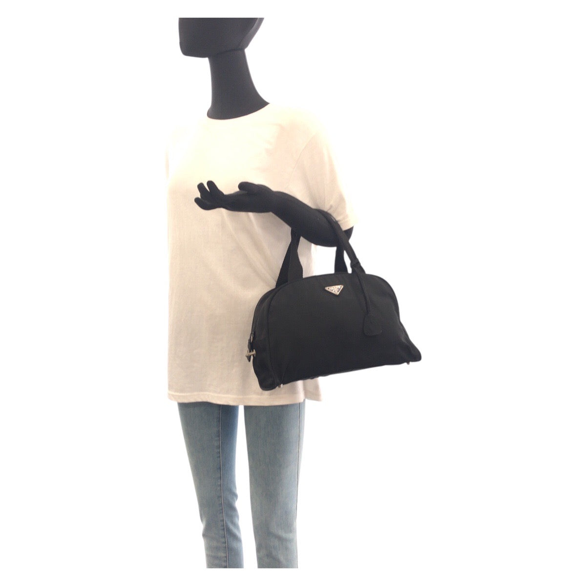 PRADA Tote Bag Nylon Black SilverMetal Tote Bag handbag Test Triangle With logo Women Used Authentic