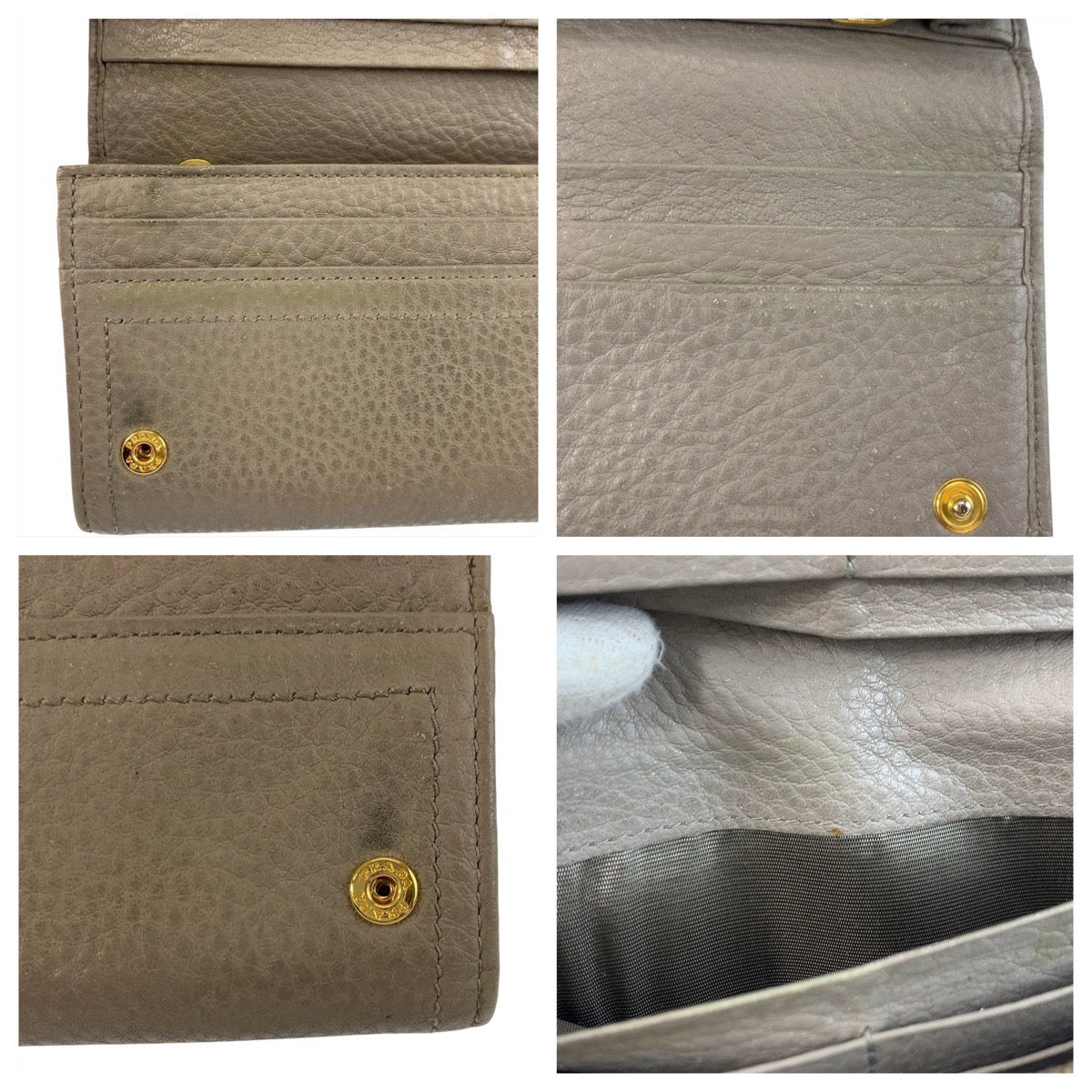 PRADA Long Wallet Purse leather Greige Gold Metal Long Wallet Purse logo Women Used Authentic