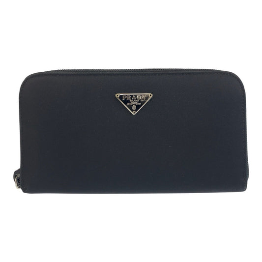 PRADA Long Wallet Purse Nylon Black SilverMetal Long Wallet Purse Test Triangle With logo Women Used Authentic