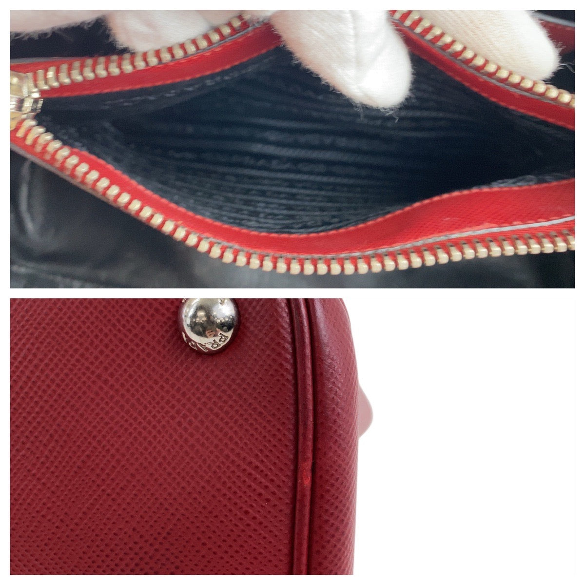 PRADA Tote Bag leather Red Silver Metal Safiano Triangle With logo