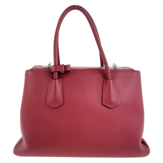 PRADA Tote Bag leather Red Silver Metal Safiano Triangle With logo