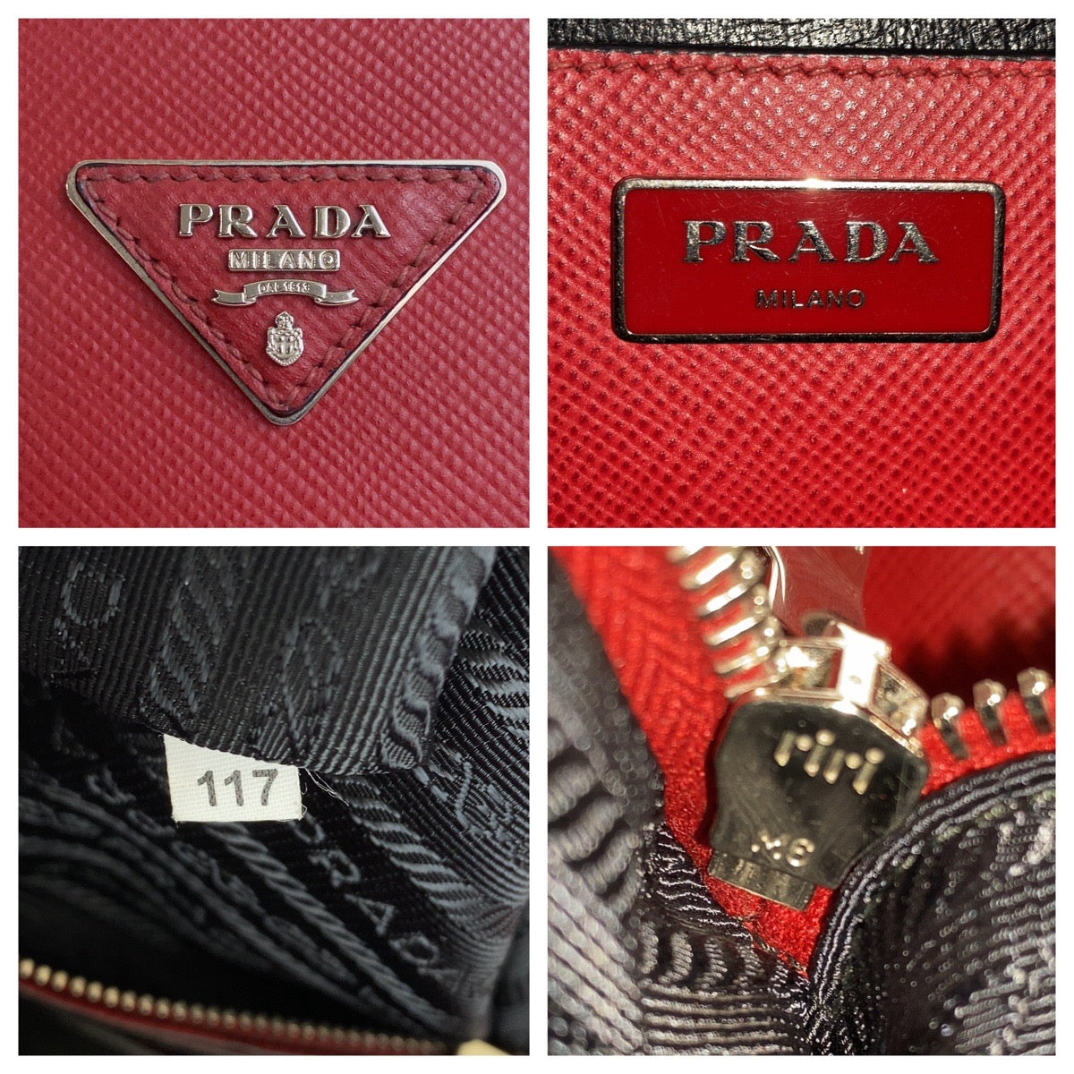 PRADA Tote Bag leather Red Silver Metal Safiano Triangle With logo