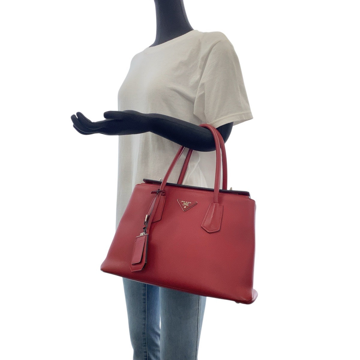 PRADA Tote Bag leather Red Silver Metal Safiano Triangle With logo