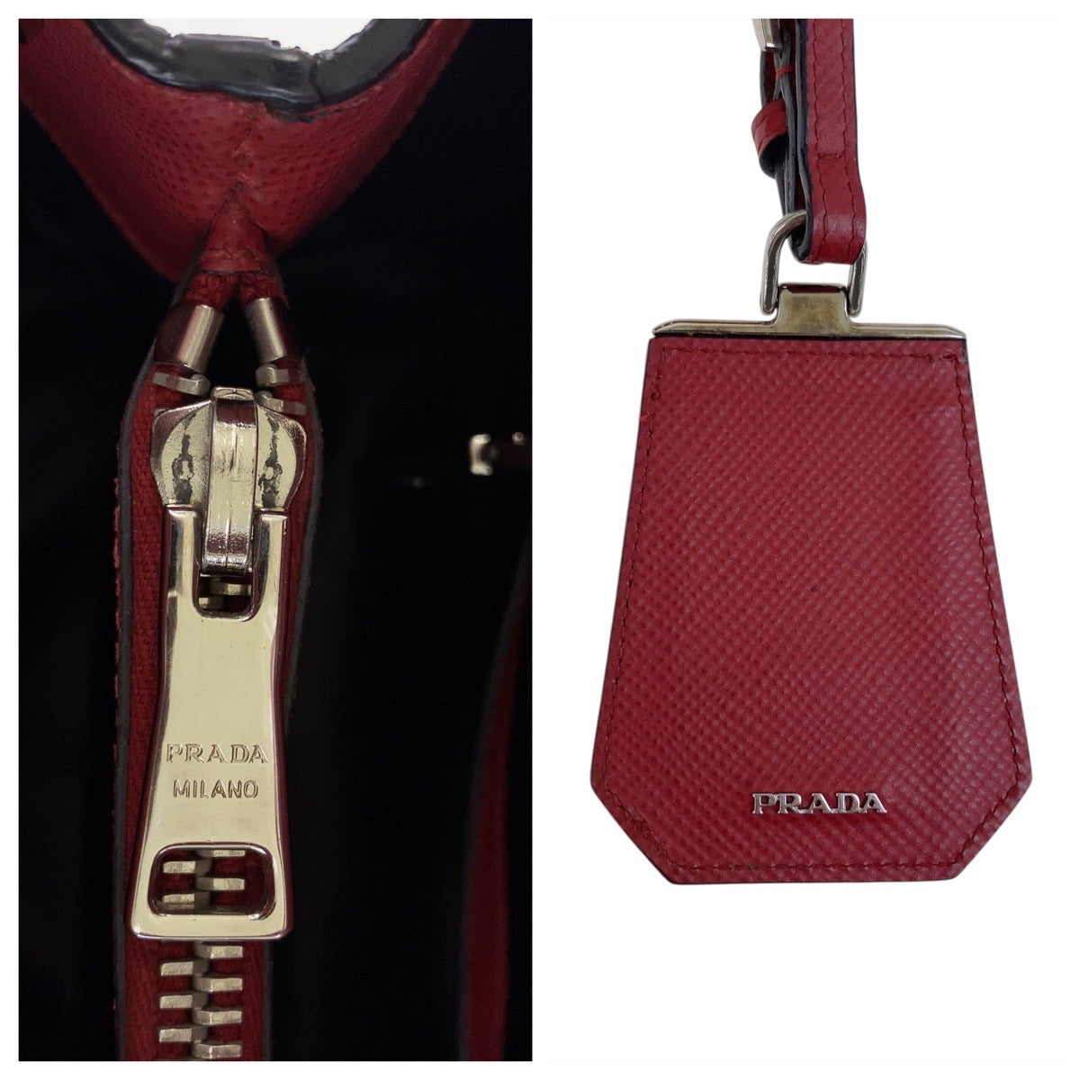 PRADA Tote Bag leather Red Silver Metal Safiano Triangle With logo