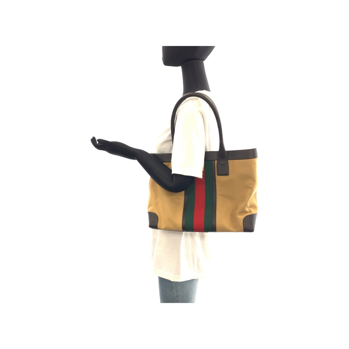 GUCCI Tote Bag 002.1119 Canvas, Leather Beige Camel Brown Tote Bag Shoulder Bag Sherry line Mayfair Women Used Authentic