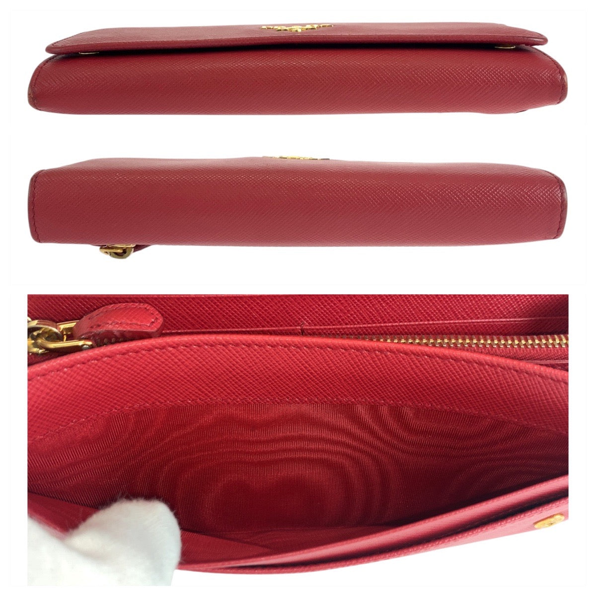 PRADA Long Wallet Purse leather Red Gold Metal Safiano logo
