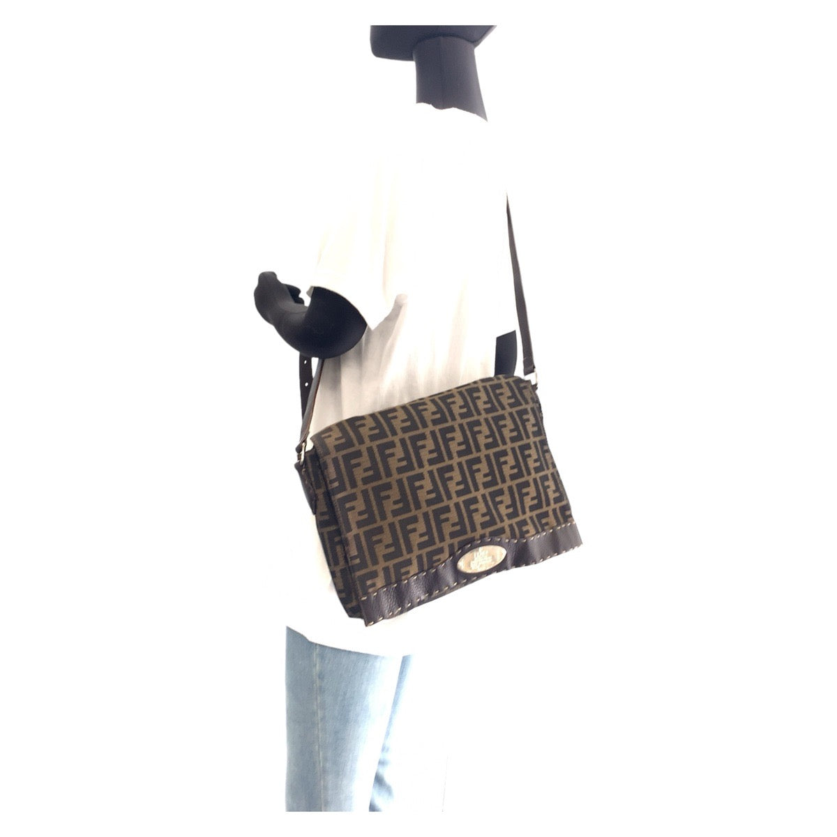 FENDI Shoulder Bag canvas Brown Gold Metal Zucca