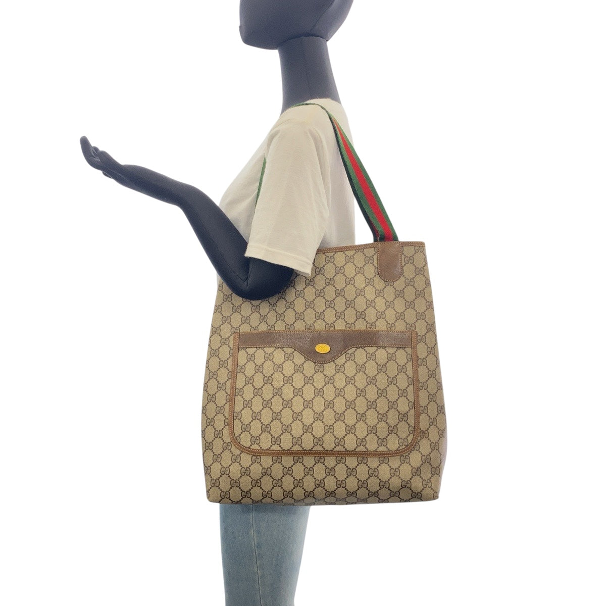 GUCCI Tote Bag 378 02 003 GG Supreme Canvas Beige Multicolor Gold Metal Old Gucci Shelly Line