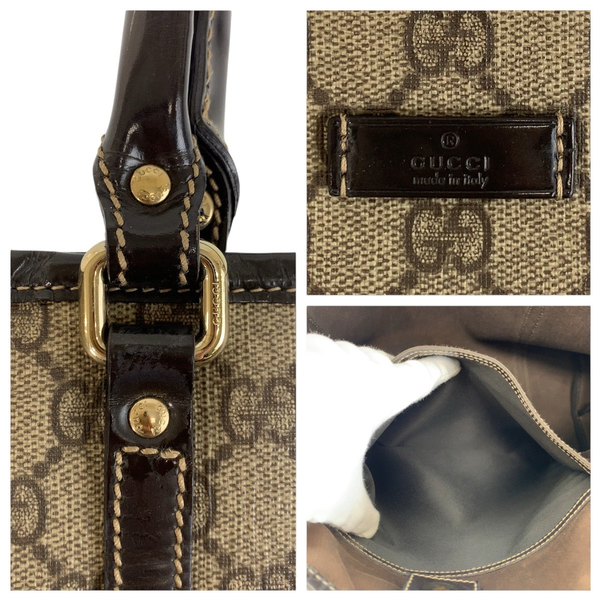 GUCCI Tote Bag 197953 GG Supreme Canvas Brown Gold Metal