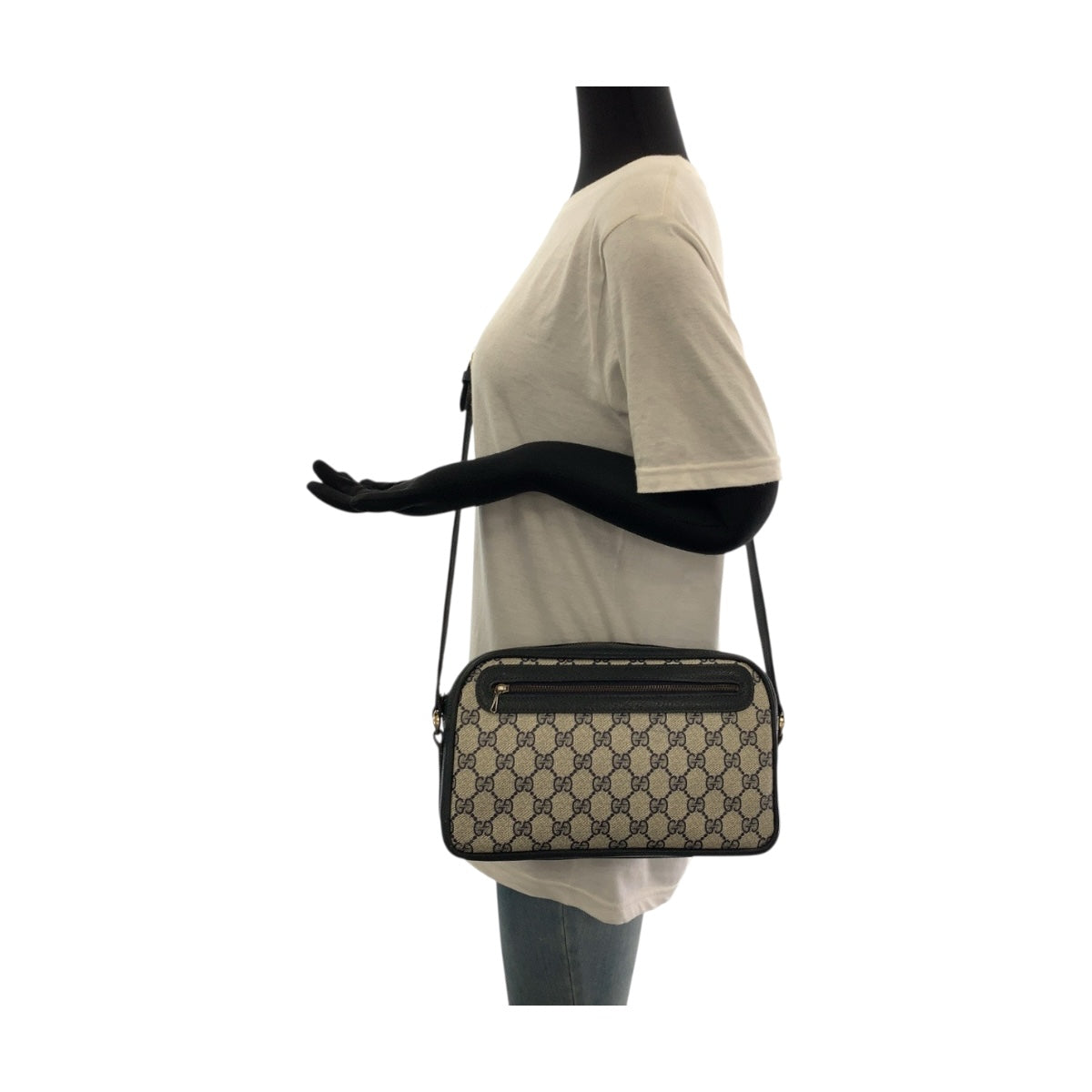GUCCI Shoulder Bag 001 067 1282 0 GG Supreme Canvas Gray Navy Gold Metal