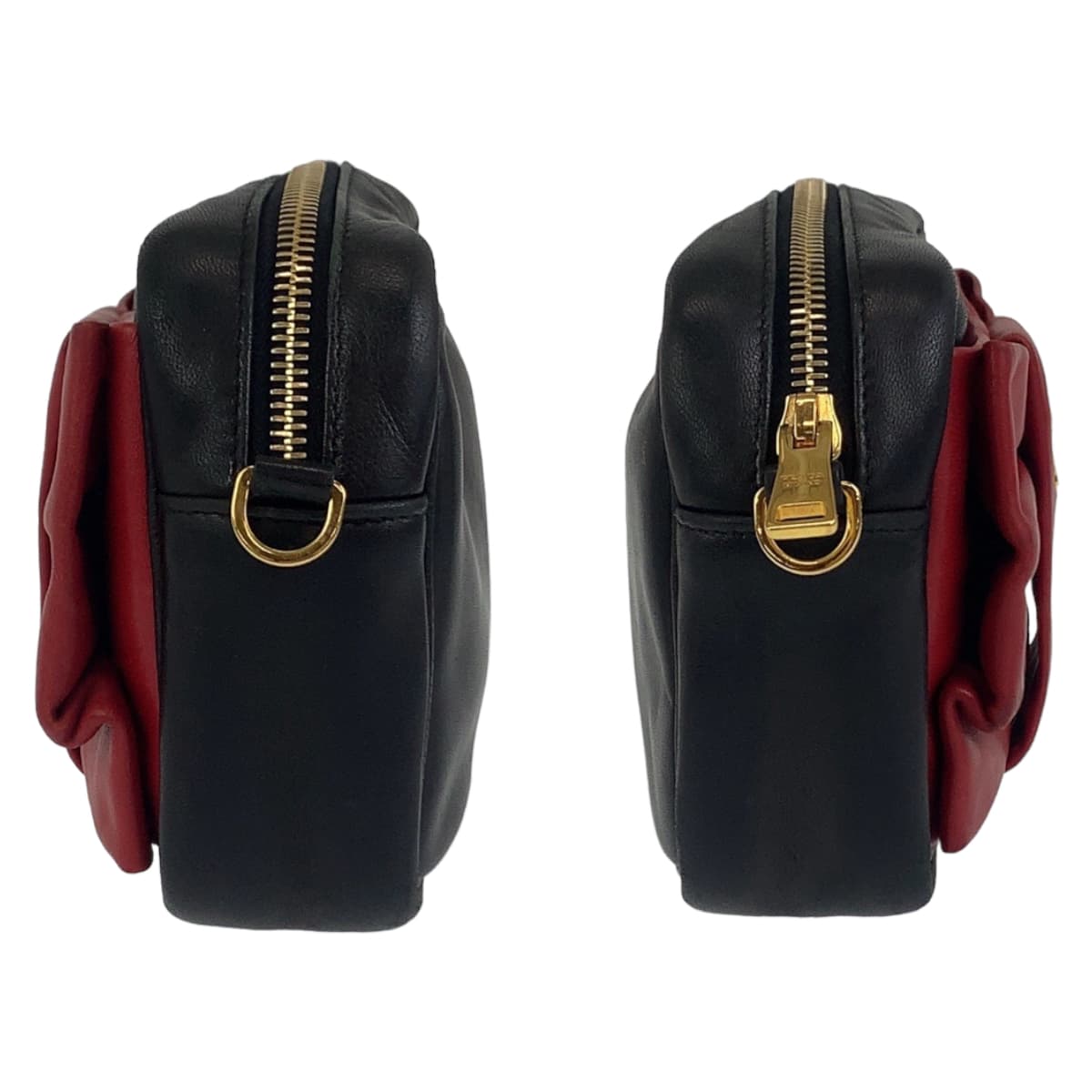 PRADA Shoulder Bag leather Black Red Gold Metal Ribbon motif