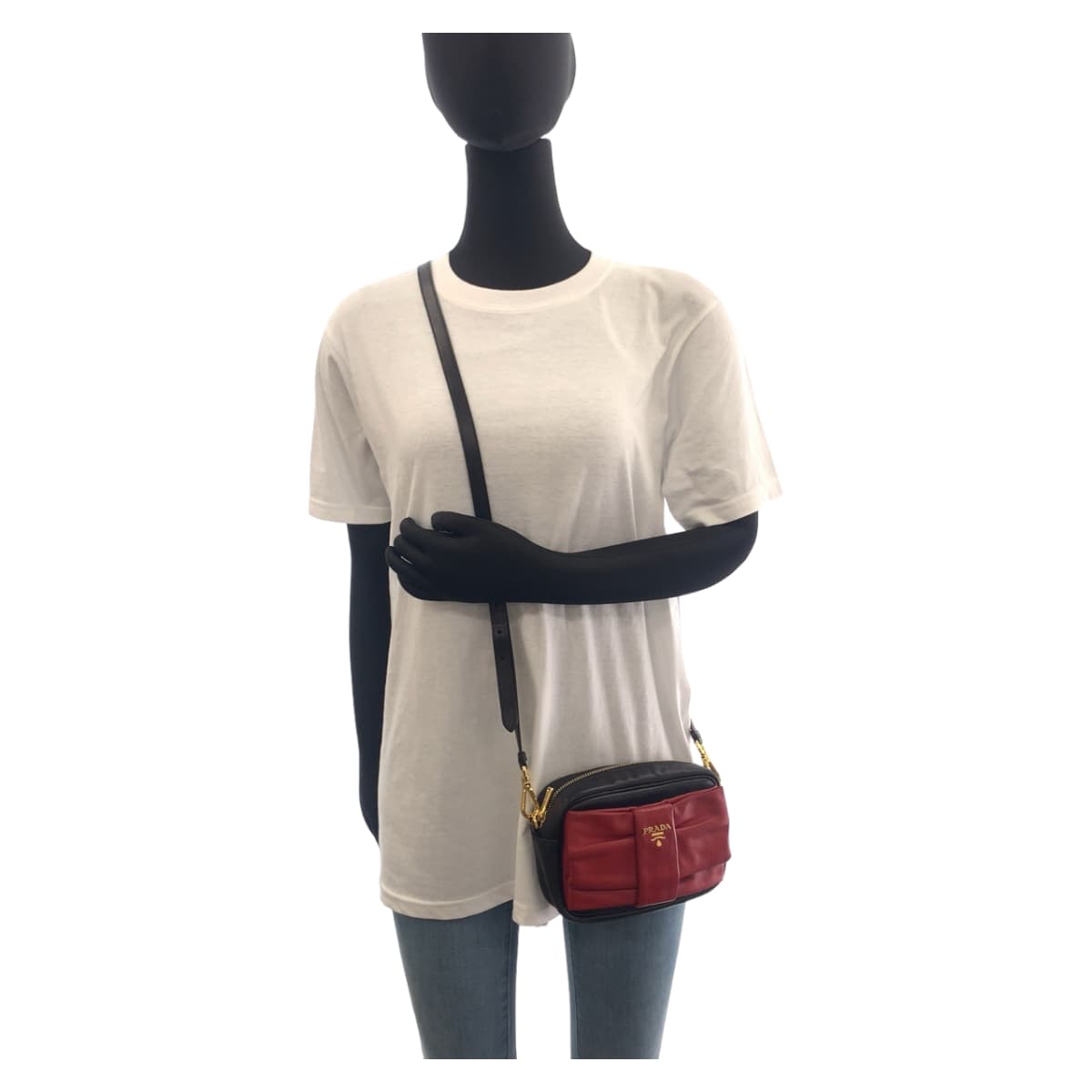 PRADA Shoulder Bag leather Black Red Gold Metal Ribbon motif