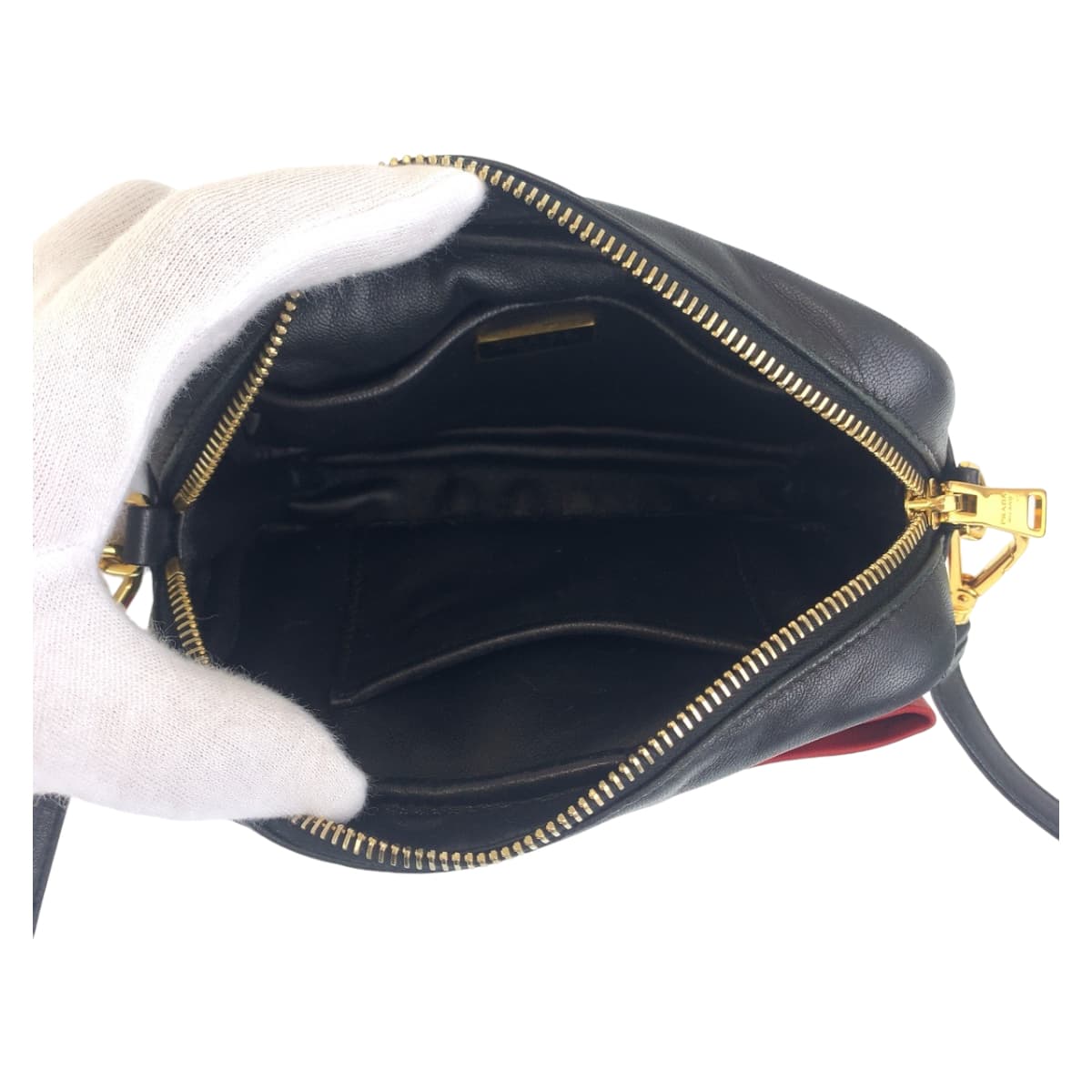 PRADA Shoulder Bag leather Black Red Gold Metal Ribbon motif