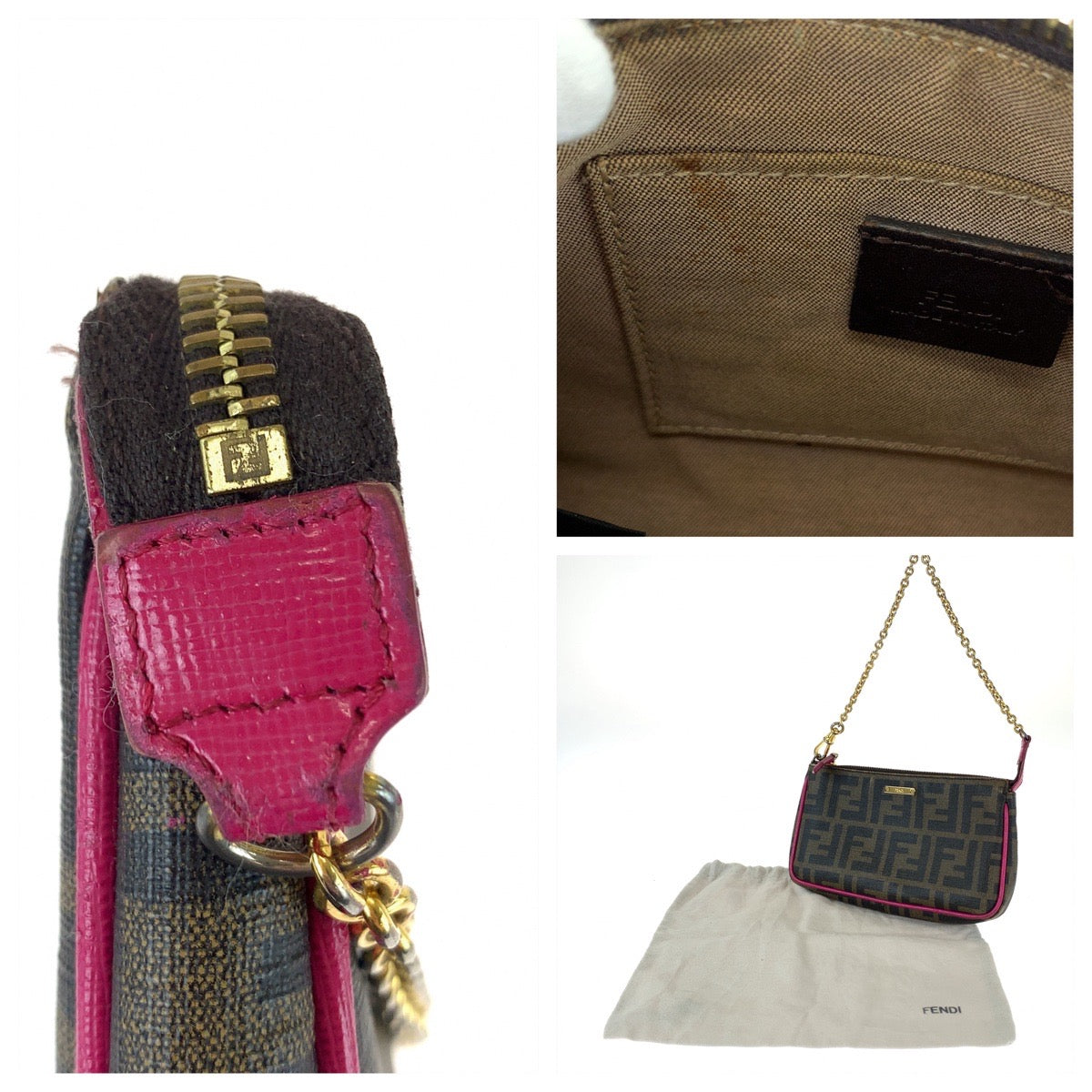 FENDI Handbag 8M0271 GRP leather Brown Pink Gold Metal Zucca Pattern