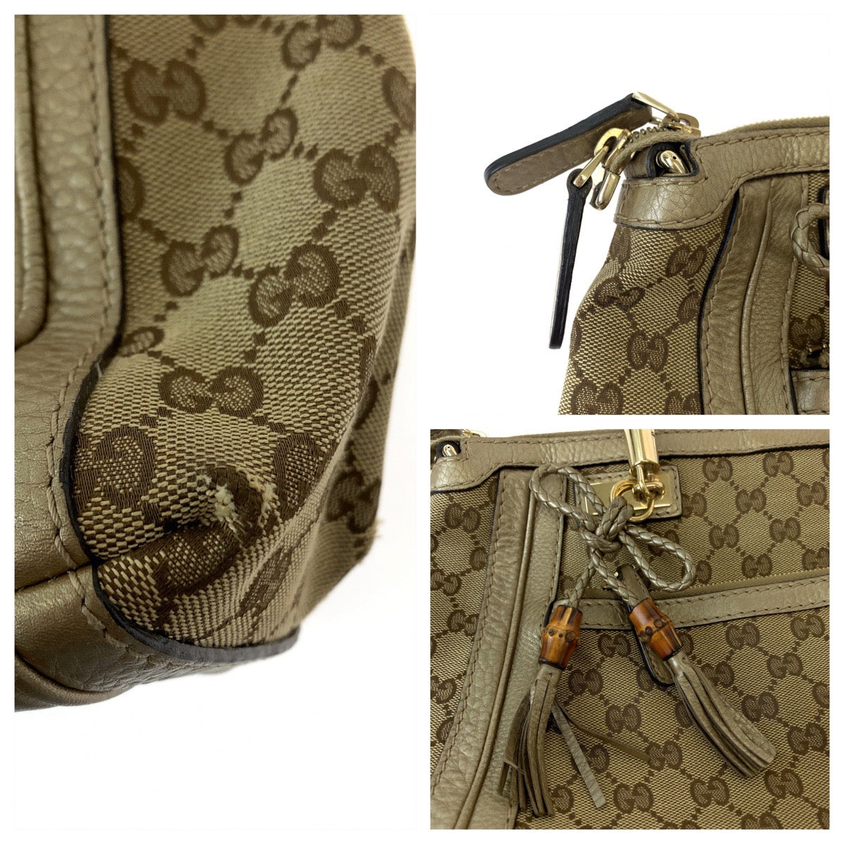 GUCCI Tote Bag 282300 GG canvas Brown Gold Metal Bella Bamboo Ribbon tassel