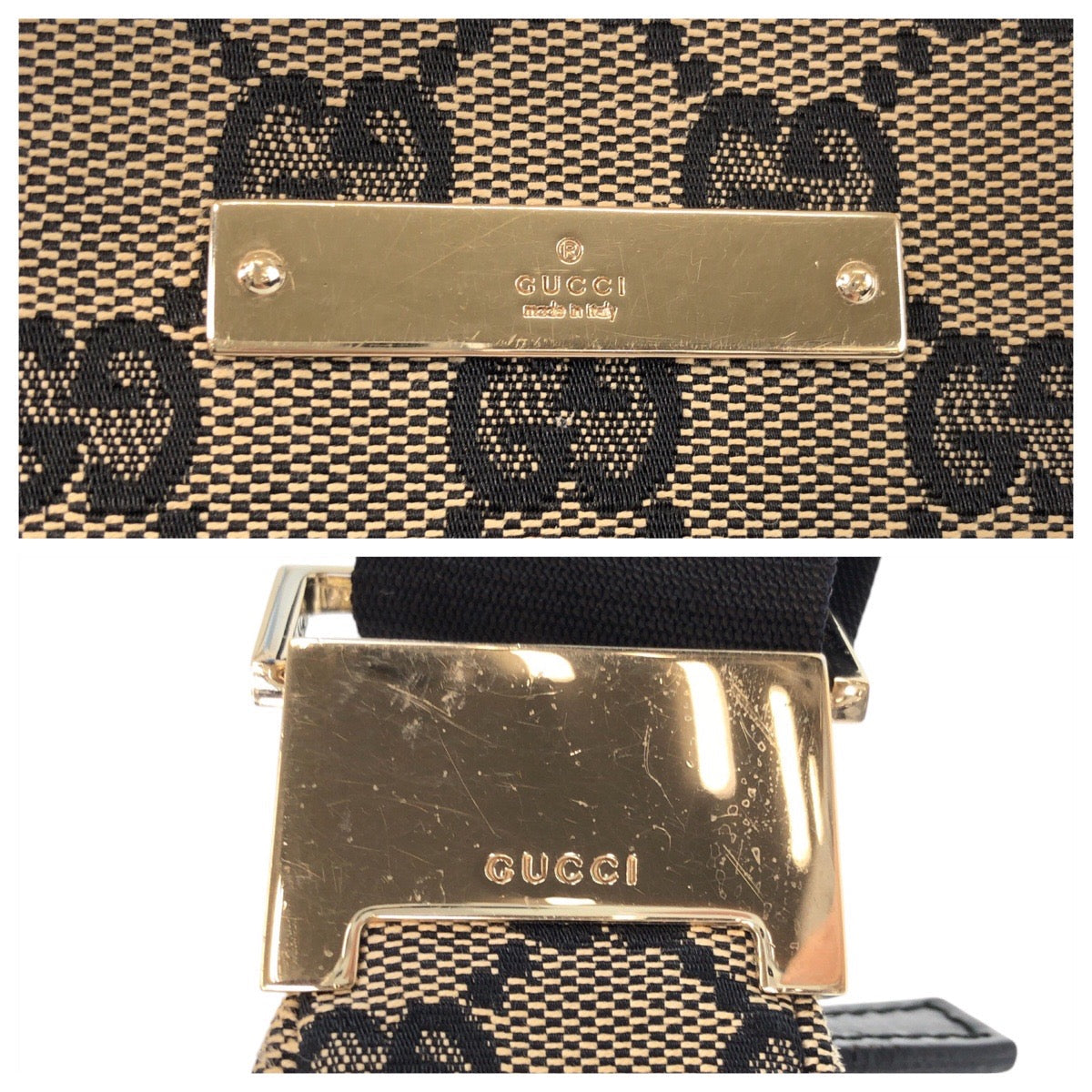 GUCCI Shoulder Bag 019 0433 GG canvas Beige Black Gold Metal