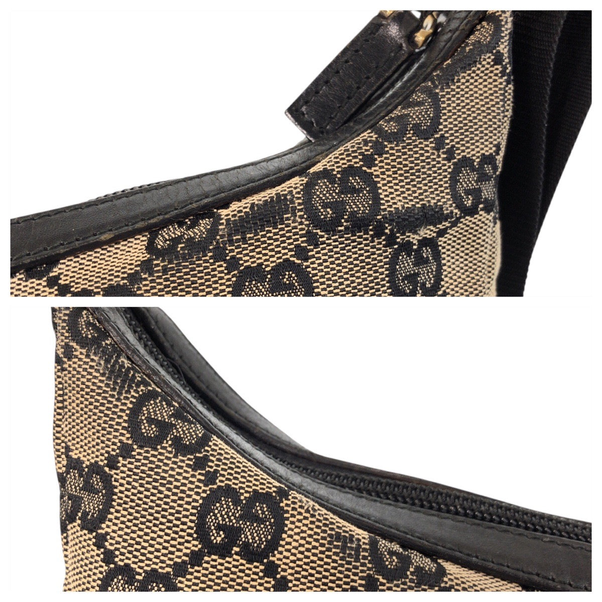 GUCCI Shoulder Bag 019 0433 GG canvas Beige Black Gold Metal