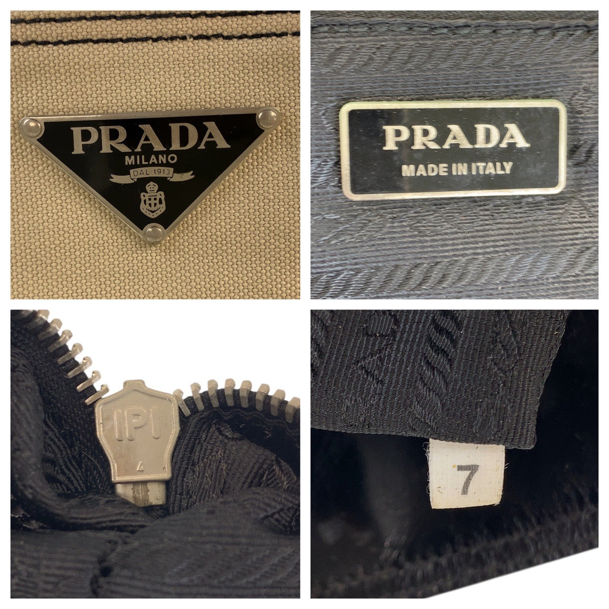 PRADA Tote Bag canvas Beige Black SilverMetal Triangle With logo