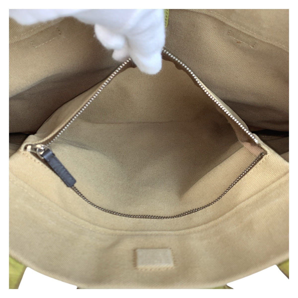 PRADA Tote Bag canvas Beige Green SilverMetal Triangle With logo