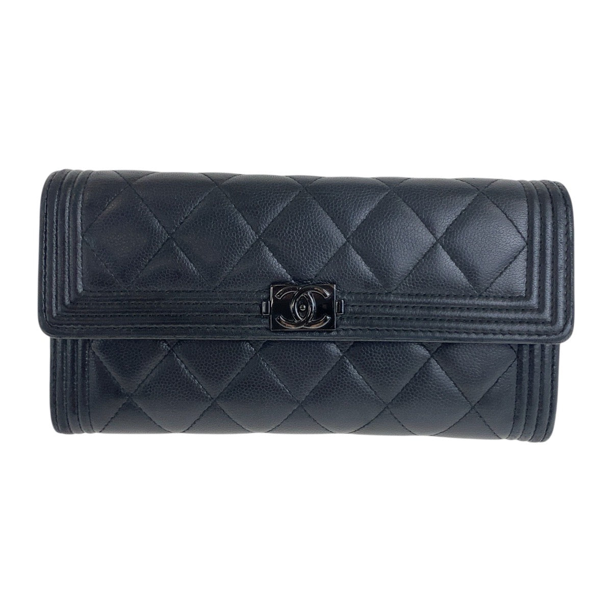 CHANEL Long Wallet Purse Caviar skin Black SilverMetal Boy chanel COCO Mark