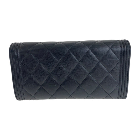 CHANEL Long Wallet Purse Caviar skin Black SilverMetal Boy chanel COCO Mark