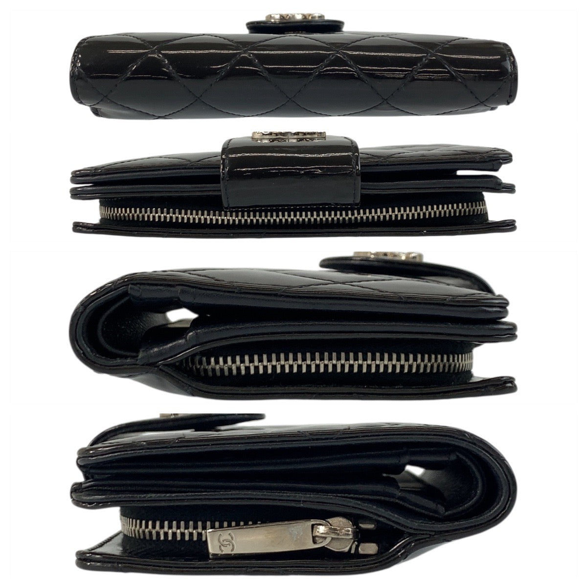 CHANEL Bifold Wallet Patent leather Black SilverMetal Brilliant Matrasse COCO Mark