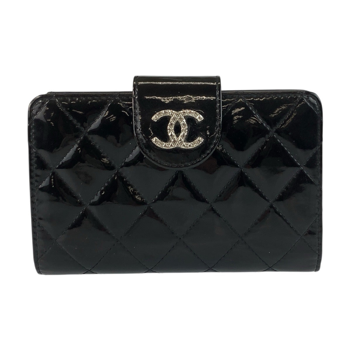 CHANEL Bifold Wallet Patent leather Black SilverMetal Brilliant Matrasse COCO Mark