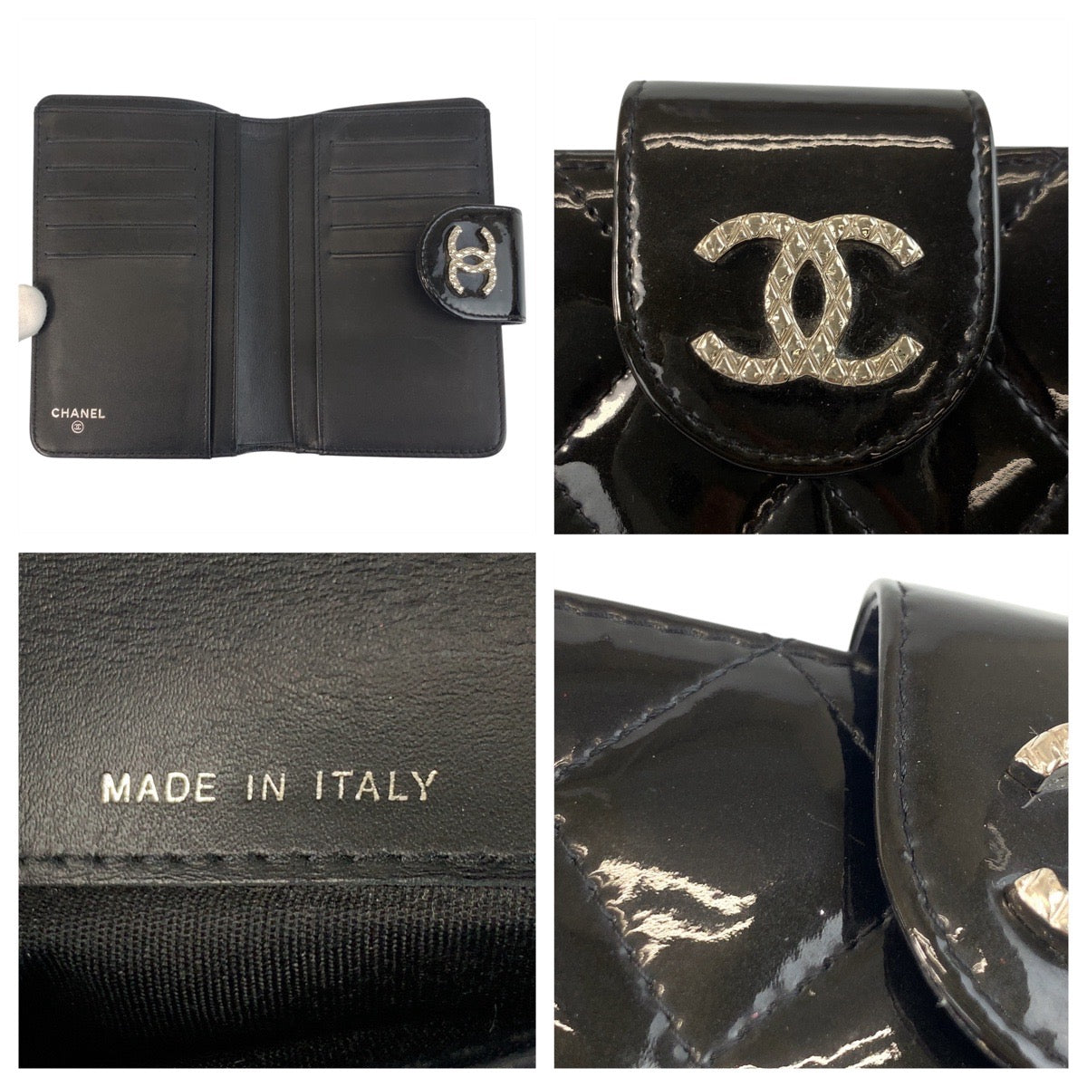 CHANEL Bifold Wallet Patent leather Black SilverMetal Brilliant Matrasse COCO Mark