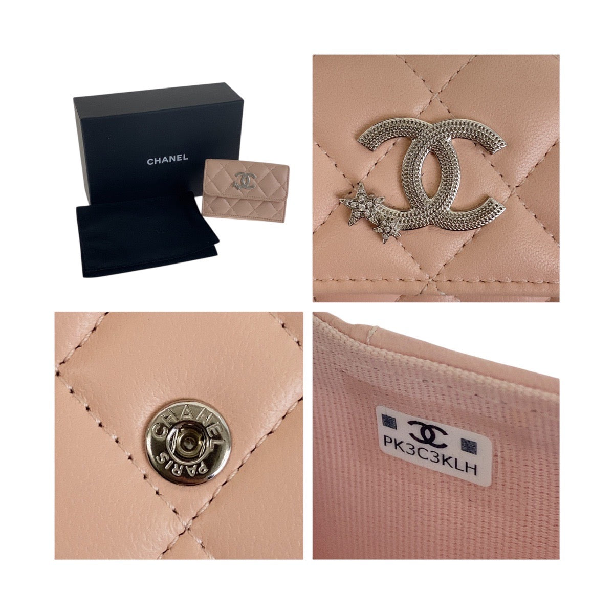 CHANEL Tri-fold wallet lambskin Pink Beige SilverMetal Matrasse COCO Mark