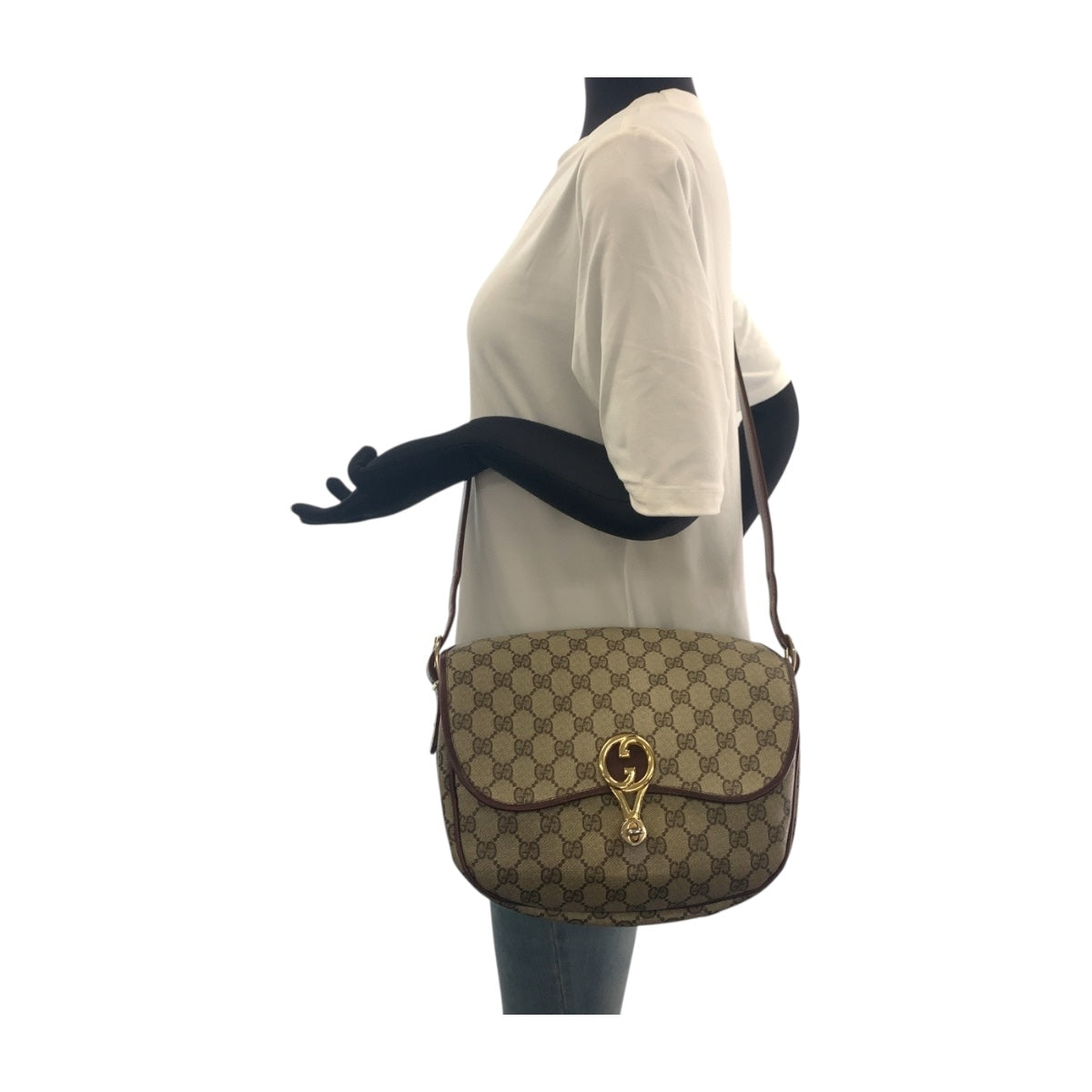 GUCCI Shoulder Bag GG Supreme Canvas Beige Brown Gold Metal Old Gucci