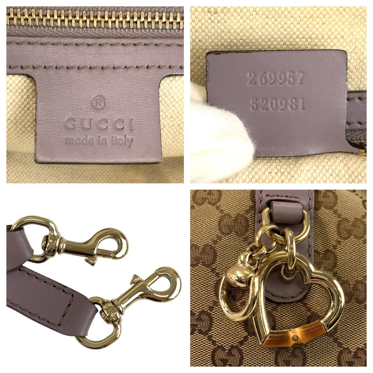 GUCCI Tote Bag 269957 GG canvas Beige Purple Gold Metal Bamboo heart