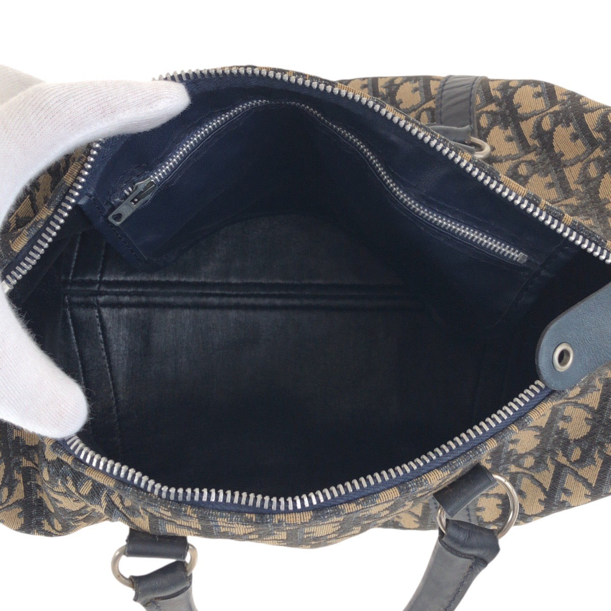 Dior Handbag canvas Navy Beige SilverMetal Trotter