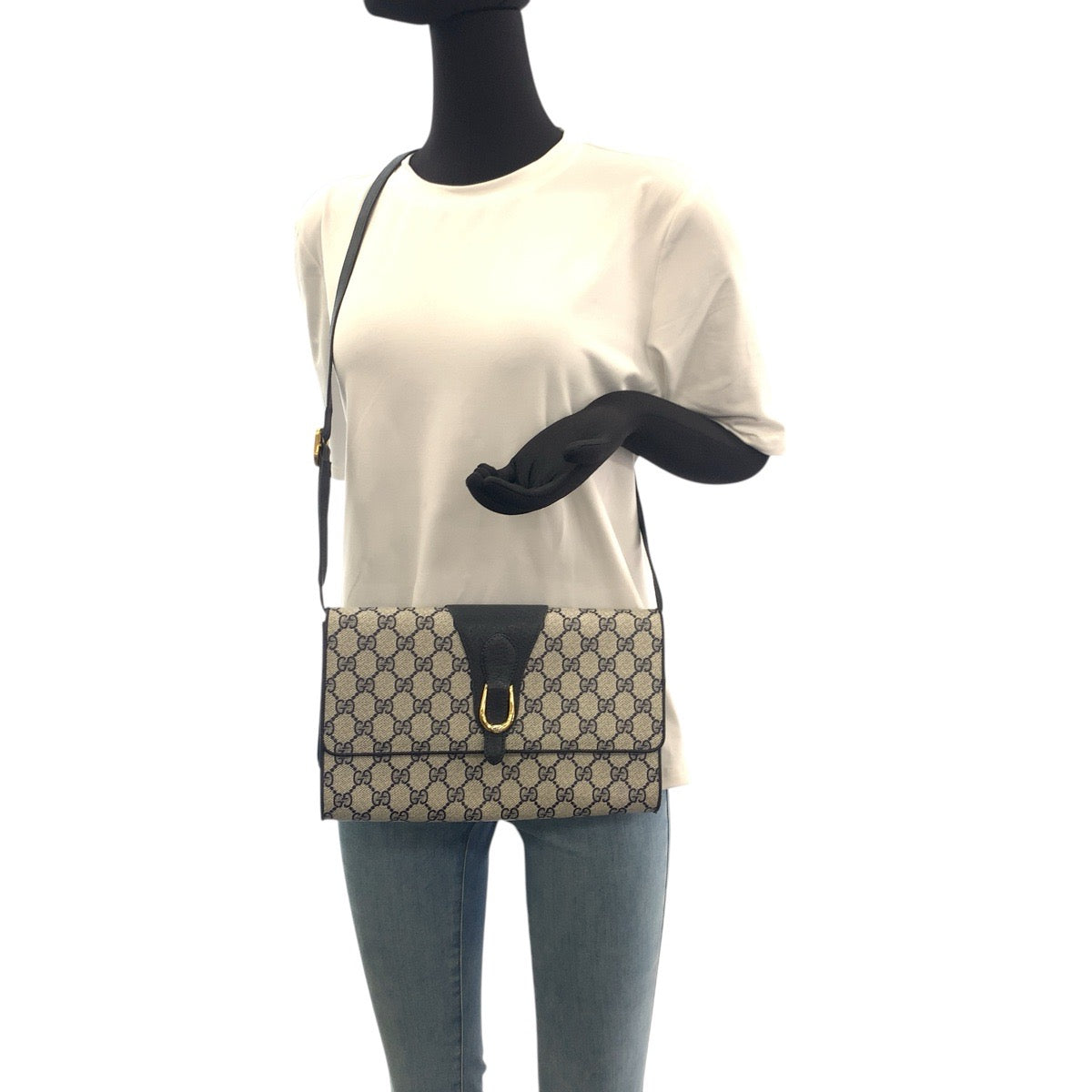 GUCCI Shoulder Bag 94 02 050 GG Supreme Canvas Navy Gray Gold Metal Old Gucci