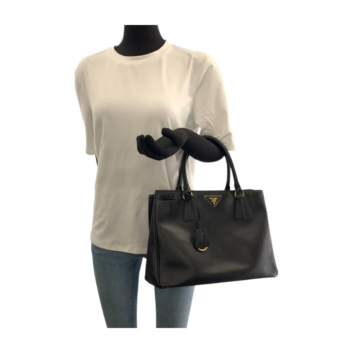 PRADA Tote Bag leather Black Silver Safiano Galleria