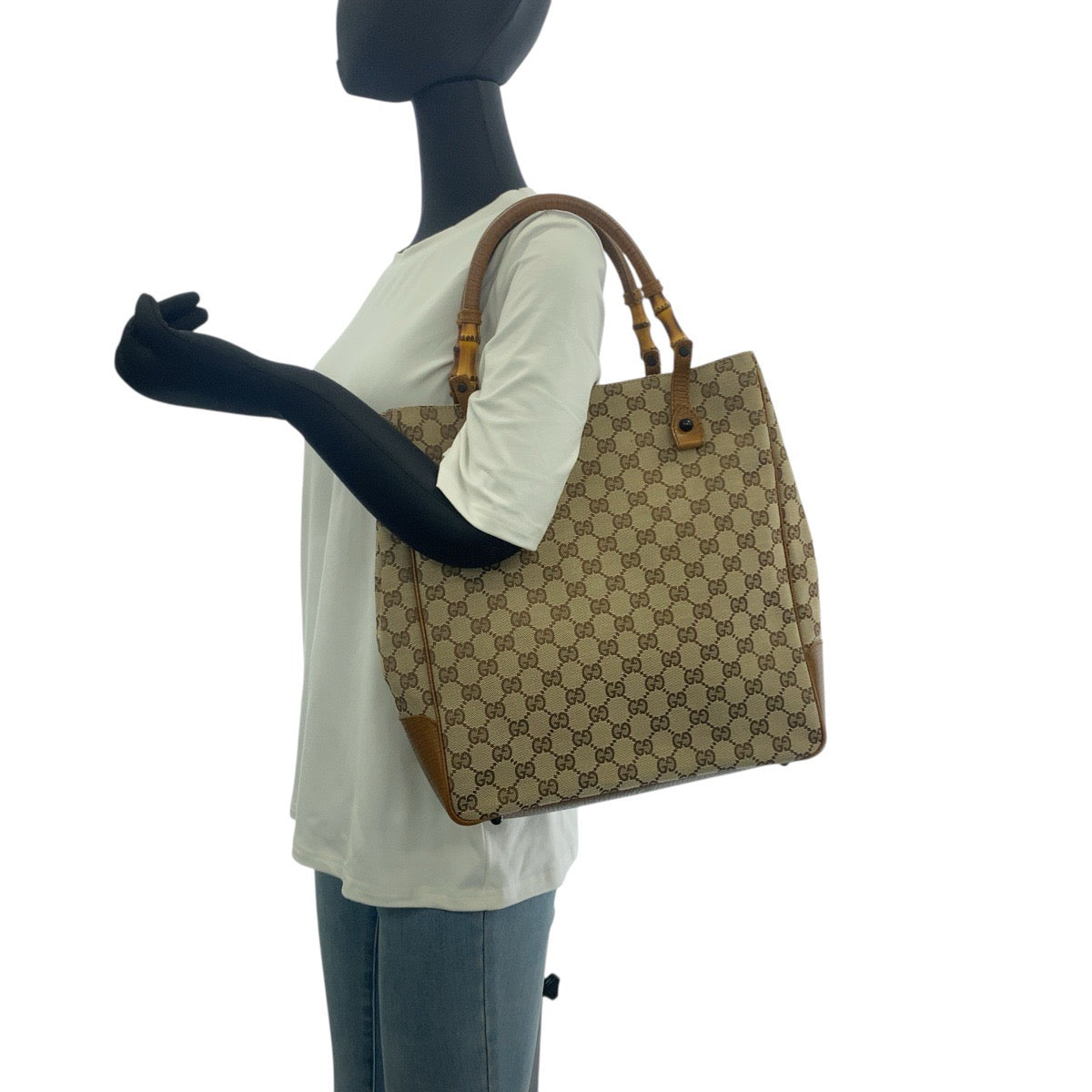 GUCCI Tote Bag 112530 GG canvas Beige Brown Black Metal Bamboo